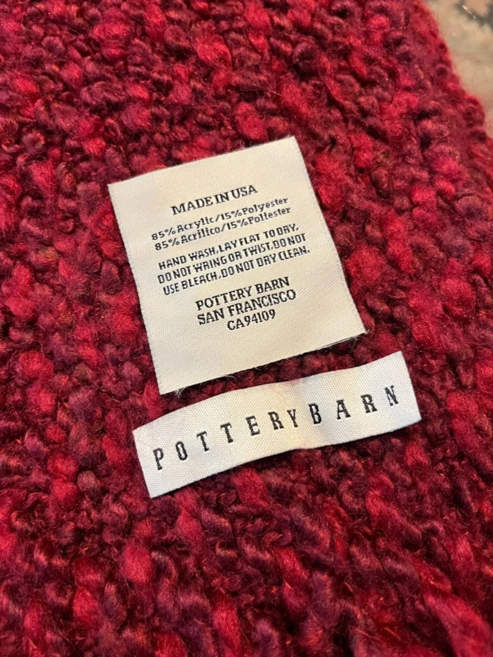 Pottery Barn Red Bouclé Fringe Throw Blanket Cozy Textured Accent 54x45